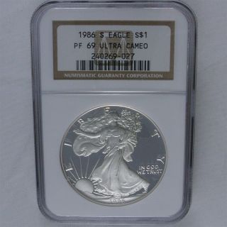 1986 - S American Eagle Proof Silver Dollar S$1 - Ngc Pf69 Ultra Cameo Certified photo