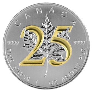 25th Anniversary 2013 Canada Maple.  9999 1 Oz Ounce Silver 24k Gold Gilded Coin photo