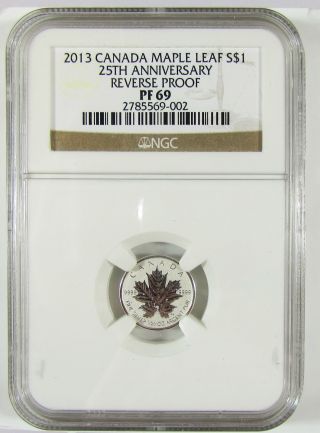 2013 Canada $1 25th Anniversary Reverse Proof Maple Leaf 1/20oz Silver Coin Pf69 photo