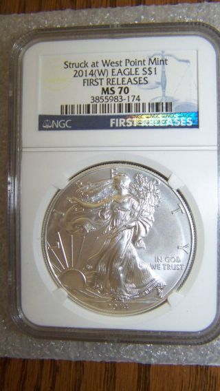 2014 (w) 1oz Silver Eagle Struck At West Point Ngc Ms70 First Releases Blue Label photo