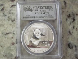 China 10 Yuan,  2014 1 Oz.  999 Silver Panda.  Pcgs Ms 70.  First Strike. photo