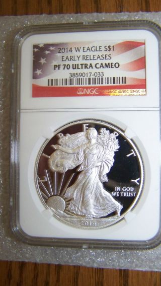 2014 W 1 Oz American Silver Eagle Ngc Pf70uc Early Releases Flag Label photo