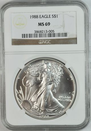 1988 $1 American Silver Eagle Dollar Graded By Ngc Ms69 Blast White photo