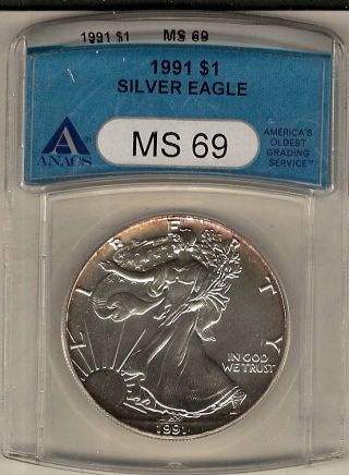 1991 American Silver Eagle S$1 Ms 69 Anacs Certified photo