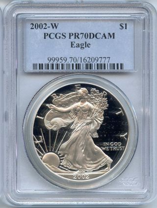 2002 - W Proof Silver American Eagle Pcgs Pr70dcam 1 Oz.  999 Fine Silver Hucky photo