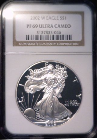 2002 W Us $1 Silver Eagle Proof Ngc Pf 69 Ultra Cameo photo