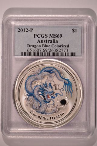 Australia 2012 1 Oz Silver Lunar Dragon Blue White Philadephia Ana Pcgs Ms69 photo