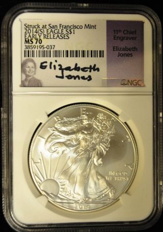 2014 (s) American Silver Eagle Ngc Ms 70 Early Releases Elizabeth Jones Label photo