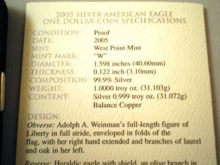 2005 - W 1 Oz Proof Silver American Eagle (w/box And) photo
