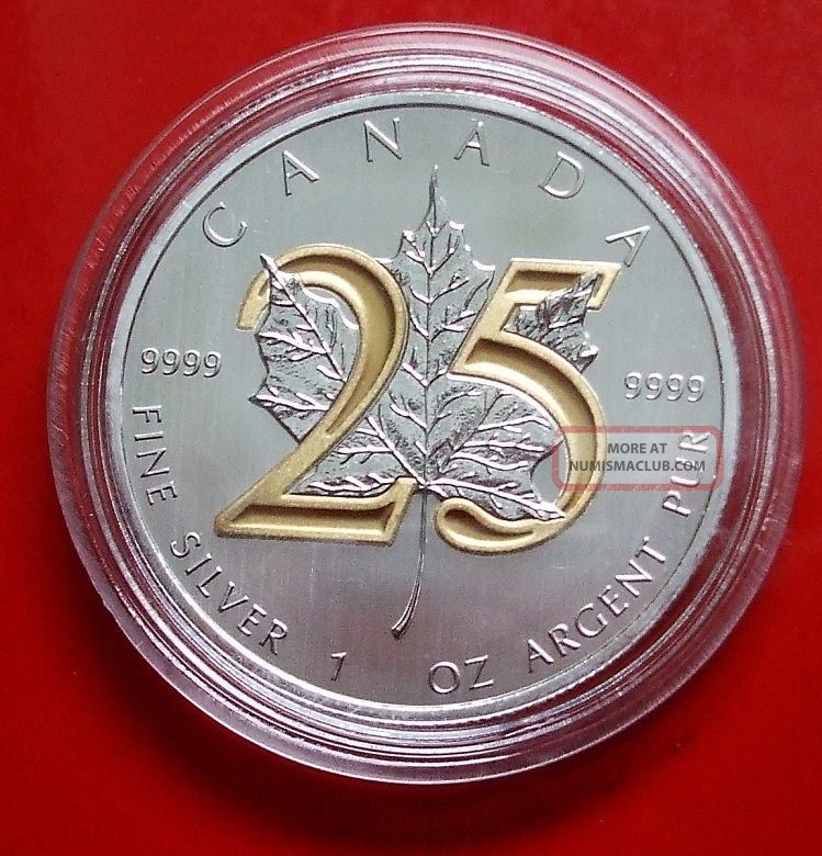 2013 5$ 1 Oz 99. 99 Silver Canada Maple Leaf 25th Anniversary 24k Gold