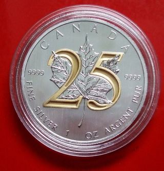 2013 5$ 1 Oz 99.  99 Silver Canada Maple Leaf 25th Anniversary 24k Gold Gilded photo