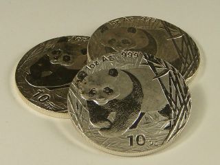 (3) 2001.  999 Fine Silver 1 Oz Chinese Silver Panda Bullion Round - A203 photo
