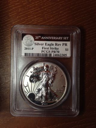 2011 - P 25th.  Anniversary Reverse Proof Silver Eagle Pcgs Pr70 First Strike photo