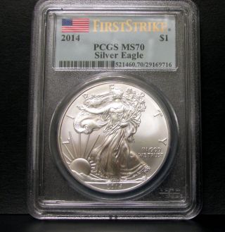 2014 1 Oz Silver American Eagle Coin Ms70 First Strike Pcgs Flag Label photo