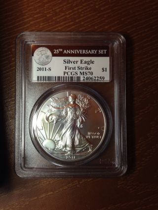 2011 - S 25th.  Anniversary Burnised Silver Eagle Pcgs Ms70 First Strike photo