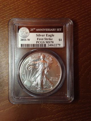 2011 - W 25th.  Anniversary Burnised Silver Eagle Pcgs Ms70 First Strike photo