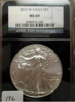 2012 - W Silver Eagle Burnished Retro Holder 25th Anniversary Ngc Ms 69 photo