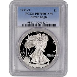 1991 - S $1 Pcgs Pr70 Dcameo American (proof Silver Eagle) - Pr70 Rare.  999 Z photo