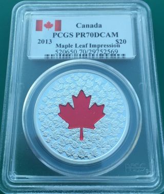 Pcgs Canada 2013 $20 Silver Maple Leaf Impression Pr70dcam Box & S/n photo