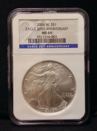 2006 W Silver Eagle Coin 20th Anniversary Blue Label Ms69 photo