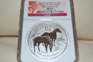 2014 - P Australia $1 Silver Year Of The Horse Ngc Ms 69 Early Releases photo