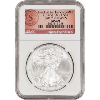 2014 - (s) American Silver Eagle - Ngc Ms69 - Early Releases - Sf Logo Label photo