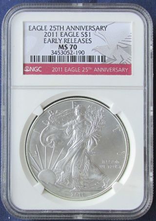 2011 - 1 Oz Silver Us Eagle Ngc - Ms70 25th Anniversary Early Releases photo