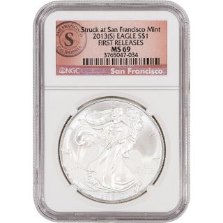 2013 - (s) American Silver Eagle - Ngc Ms69 - First Releases - Sf Logo Label photo
