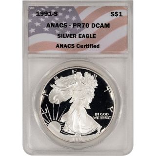 1991 - S American Silver Eagle Proof - Anacs Pr70 Dcam photo
