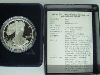 1994 - P American Silver Eagle 1 Troy Ounce Proof Silver Key Date W/ Box & 3 photo