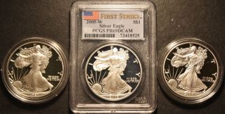(3) Proof Silver American Eagles,  2005 W Pcgs Pr69 2007 1987 S One Ounce $1 1oz. photo