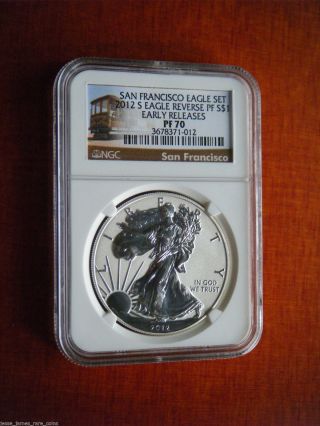 2012 S Reverse Proof Silver Eagle Ngc Pf70 Early Releases San Fran Trolley Label photo
