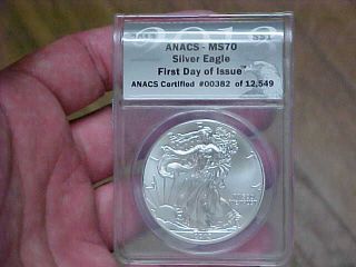 2013 Silver Eagle Gem Bu Ms 70 Anacs First Day Of Issue Ms70 00382 Of 12549 photo