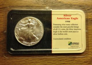 1998 Silver American Eagle $1 Uncirclated Coin In Littleton Coin Holder photo