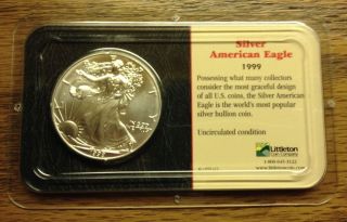 1999 Silver American Eagle $1 Uncirculated In A Littleton Coin Holder photo