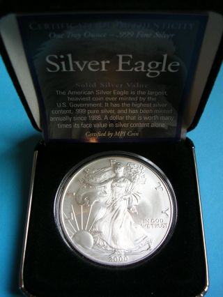 2000 Silver Eagle - Bu -.  999 Fine 1 - Ou.  Silver - Holiday Special photo