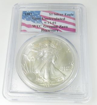 1987 World Trade Center 911 American Silver Eagle $1 Pcgs Gem Unc Certified 1 Oz photo