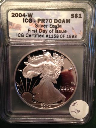 2004 W American Silver Eagle Icg Pr 70 Dcam Proof Cameo Coin First Day Issue photo