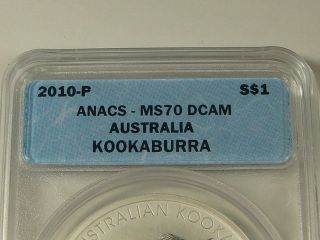 2010 1oz.  999 Fine Silver Kookaburra Anacs Ms70 Dcam Perth Minth - A203 photo