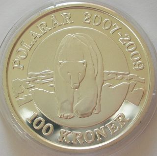 2007 Kingdom Of Denmark 1oz Silver Proof 100 Kroner Coin Polar Bear photo