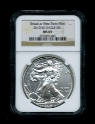 2012 (w) Silver Eagle - Ngc Ms 69 - Gold Label - 1 Oz Fine Silver photo