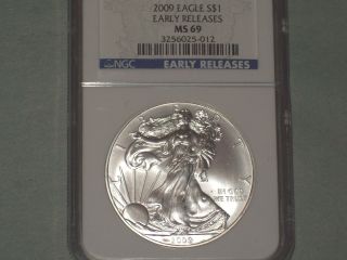 2009 Silver American Eagle,  Early Release Ngc Ms 69 White Coin. photo