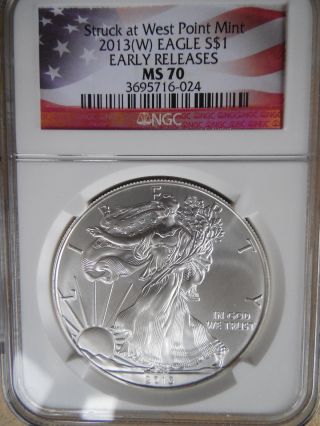 2013 (w) Silver American Eagle Ms - 70 Ngc (early Releases) - Struck At West Point photo