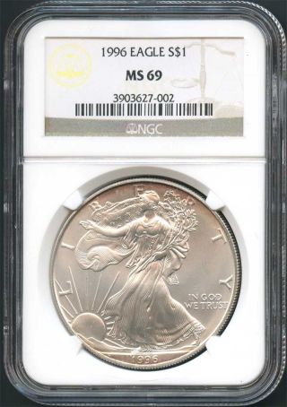 1996 $1 Uncirculated American Silver Eagle Ngc Ms - 69 photo