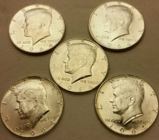 (5) 1964 Us Kennedy Half Dollar 90 Silver Brilliant Xf Circulated photo