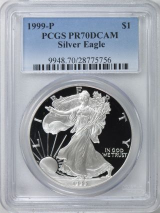 1999 - P $1 Pcgs Pr70 Dcameo American (proof Silver Eagle) - Pr70 Rare.  999 Q photo