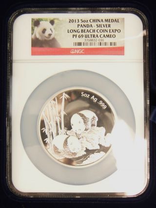 2013 China Silver Panda 5 Ozt Long Beach Coin Expo (ngc Pf 69 Ultra Cameo) photo