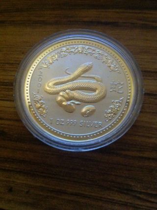 2001 Australia Silver Lunar Series I Snake Coin 1 Oz.  999 Fine Silver Bu photo