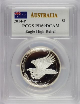 2014 P Australia Eagle High Relief Silver (pcgs Ms69 Dcam) John Mercanti Signed3 photo