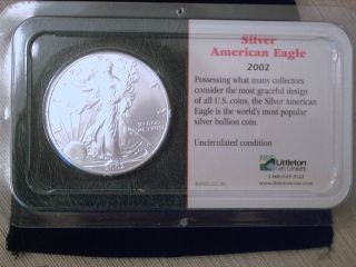 2002 Silver American Eagle Coin Littleton Packaging Uncirculated photo